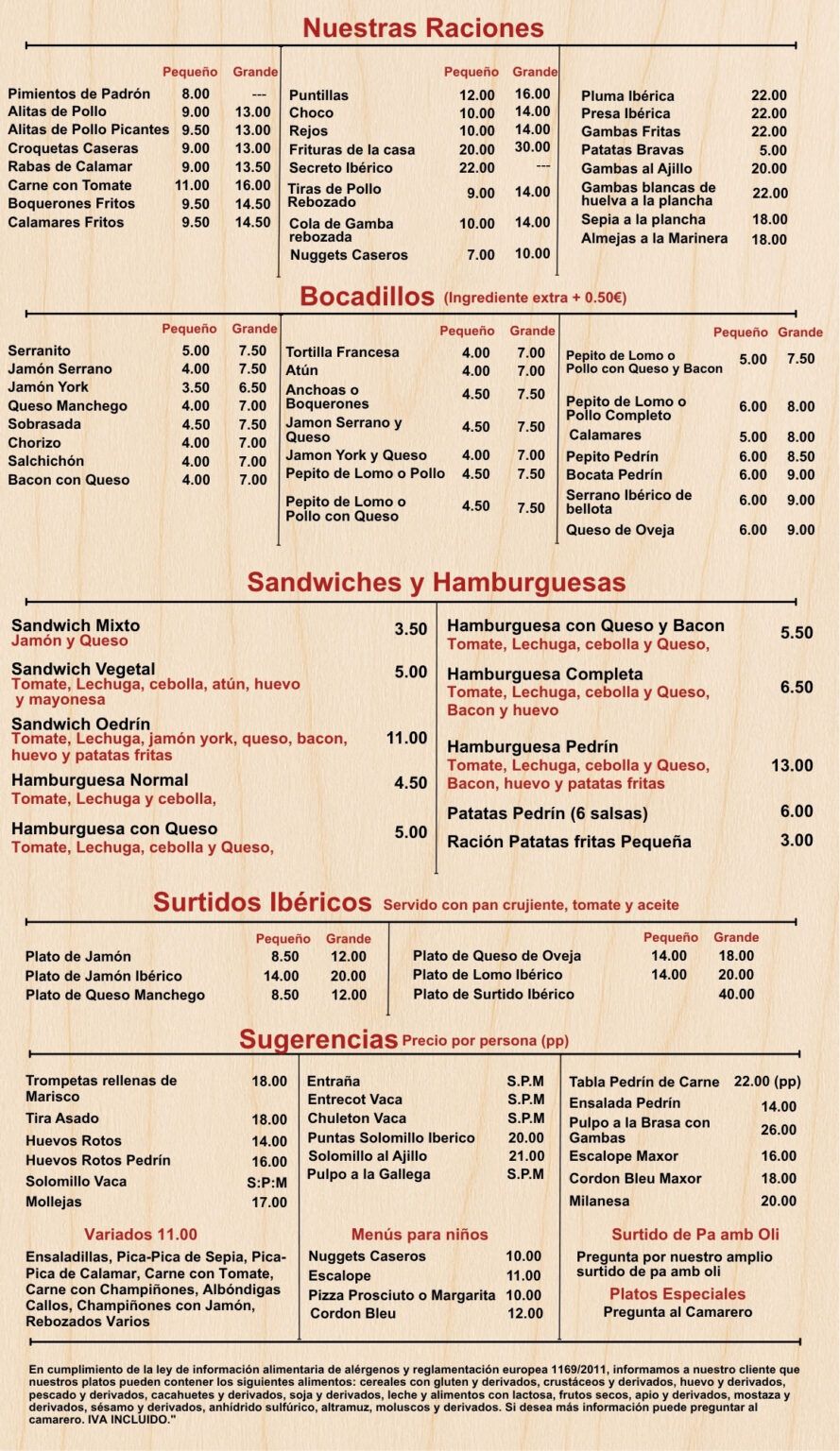 Menu y sugerencias cerveceria pedrin